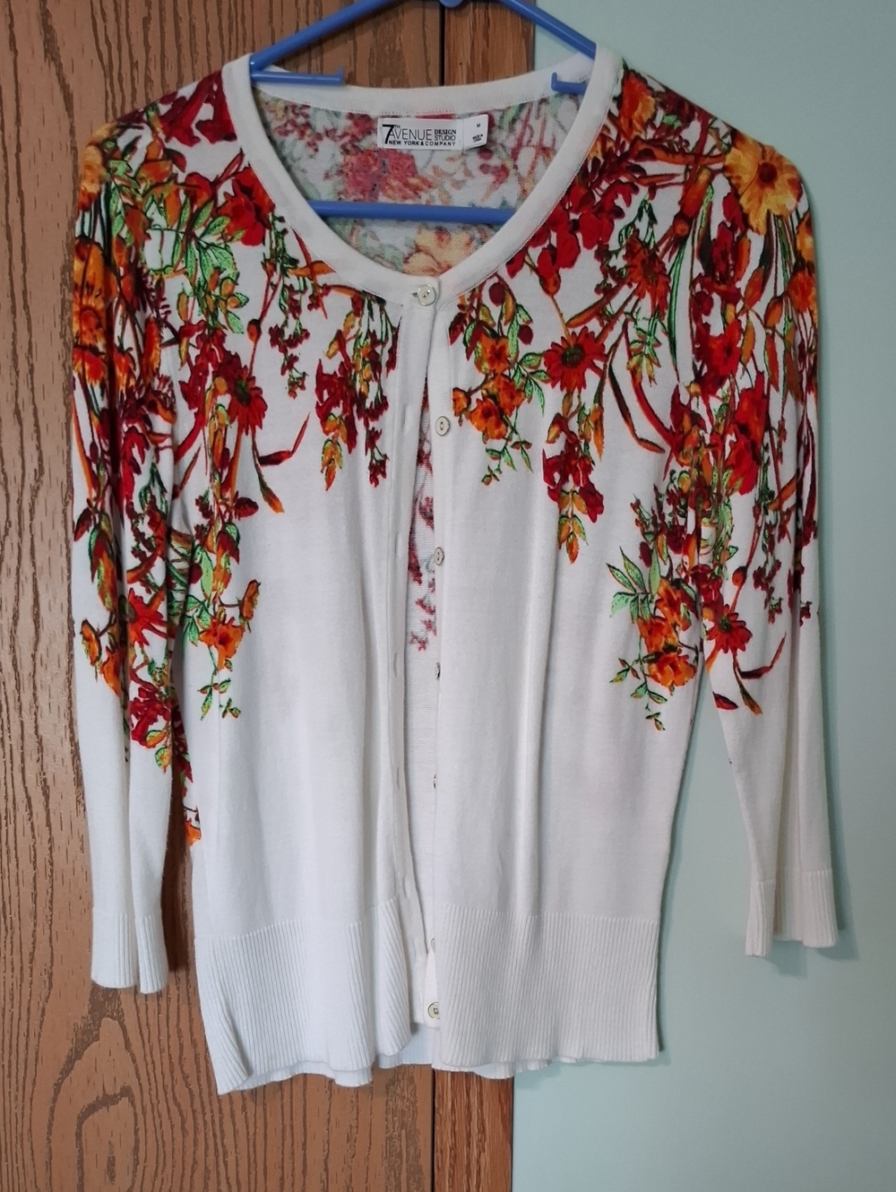 7 Avenue White Floral-Print Button Cardigan Sweater